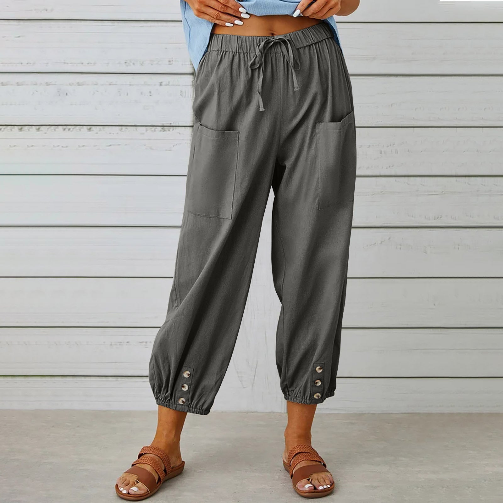 Women Drawstring Cotton And Linen Trousers