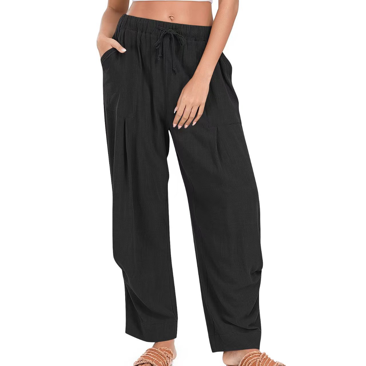 Womens Cotton-Linen Casual Loose Lounge Pants With Drawstring