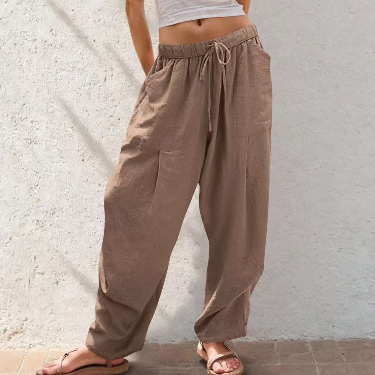 Womens Cotton-Linen Casual Loose Lounge Pants With Drawstring